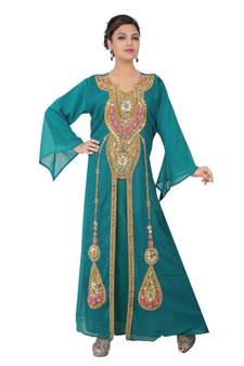 Teal-blue embroidered georgette islamic-kaftans