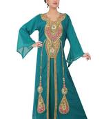 Teal-blue embroidered georgette islamic-kaftans