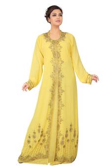 Yellow embroidered georgette islamic-kaftans