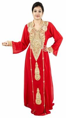 Red embroidered georgette islamic-kaftans 5