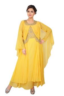 Yellow embroidered georgette islamic-kaftans