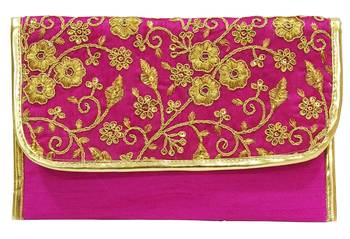 Shree Shyam Products Silk Embroidered Pink Clutch Sling 1
