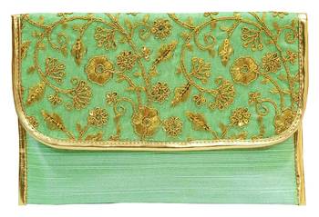 Shree Shyam Products Silk Embroidered Green Clutch Sling 1