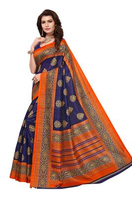 Navy Blue Printed Bhagalpuri Saree With Blouse 2