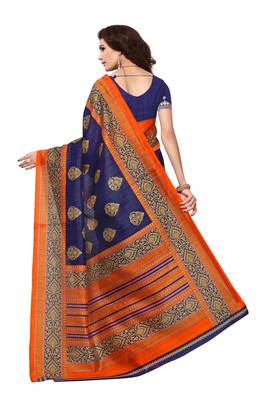 Navy Blue Printed Bhagalpuri Saree With Blouse 4