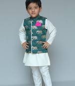 Green printed cotton silk boys kurta pyjama