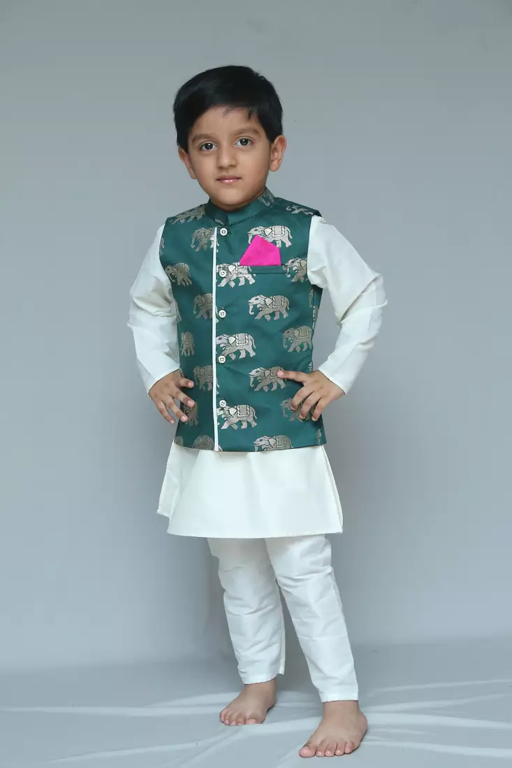 Green printed cotton silk boys kurta pyjama