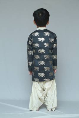 Black printed cotton silk boys kurta pyjama 2