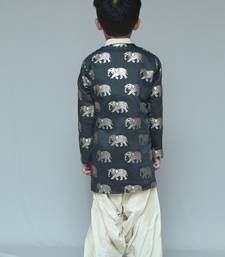 Black printed cotton silk boys kurta pyjama