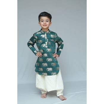 Green printed cotton silk boys dhoti kurta 1