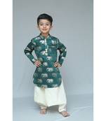 Green printed cotton silk boys dhoti kurta