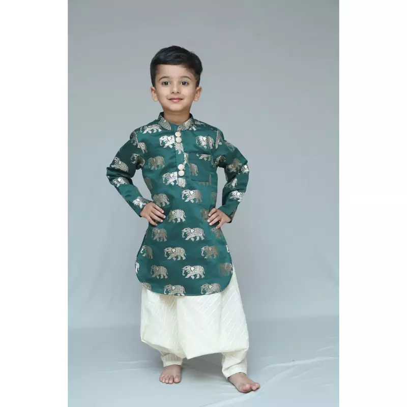 Green printed cotton silk boys dhoti kurta