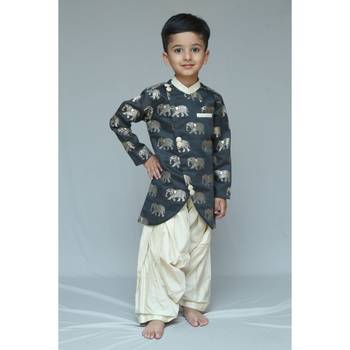 Black printed cotton silk boys kurta pyjama 1