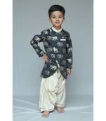 Black printed cotton silk boys kurta pyjama