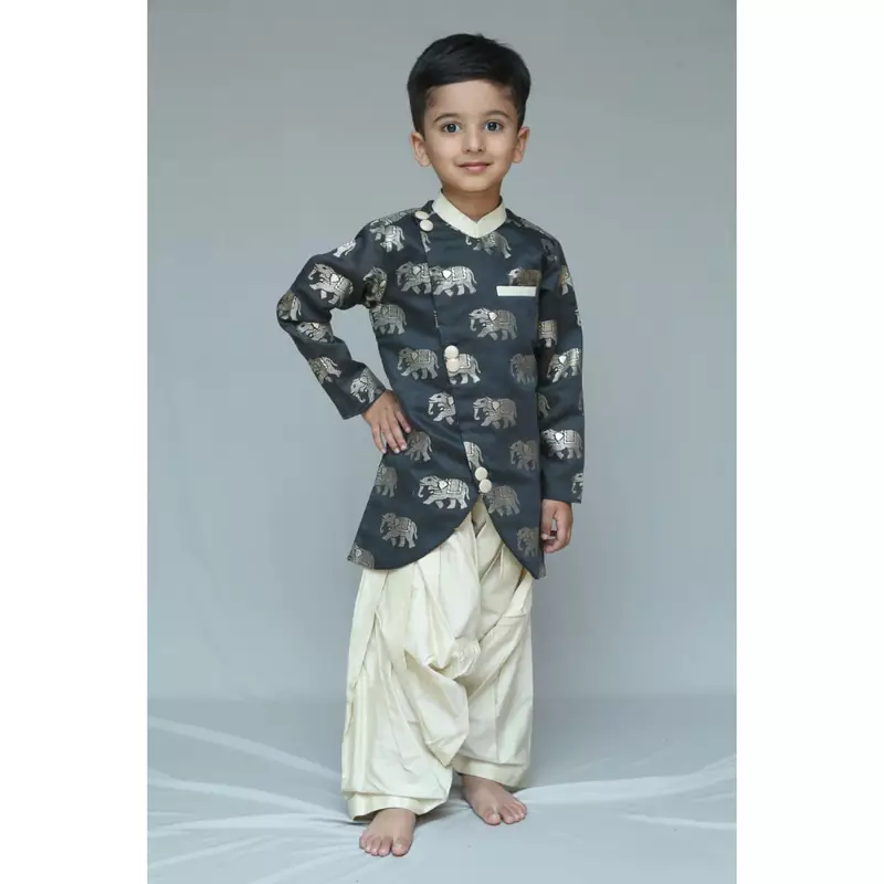 Black printed cotton silk boys kurta pyjama