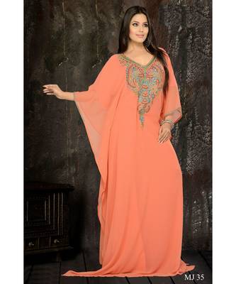 Peach Georgette Embroidered Zari Work Islamic Kaftan 1