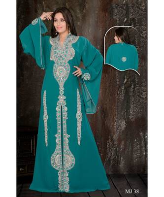 Teal Georgette Embroidered Zari Work Islamic Kaftan 1