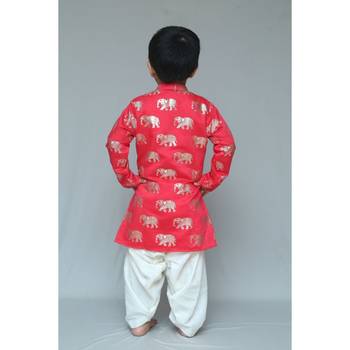 Red printed cotton silk boys kurta pyjama 2