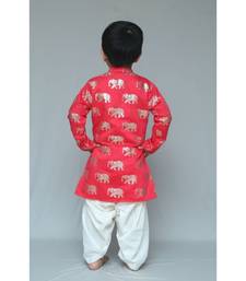 Red printed cotton silk boys kurta pyjama