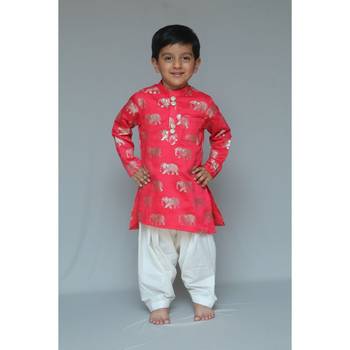 Red printed cotton silk boys kurta pyjama 1