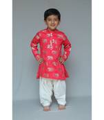 Red printed cotton silk boys kurta pyjama