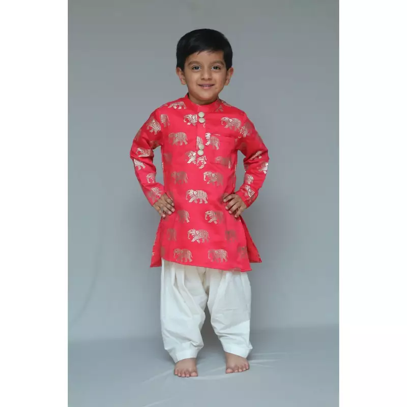Red printed cotton silk boys kurta pyjama