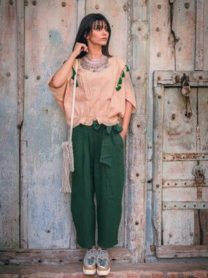 Fantasy Green Casual Ankle Length Waist Tie Up Pant Pair 1