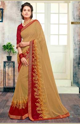 Beige plain georgette saree with blouse 1