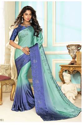 Blue plain satin saree with blouse 1