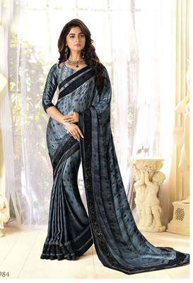 Grey plain satin saree with blouse 1