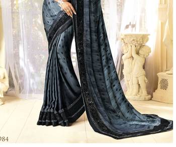 Grey plain satin saree with blouse 2