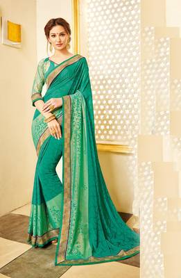 Green plain georgette saree with blouse 1