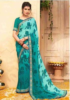 Green printed georgette saree with blouse 1