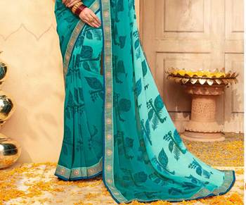 Green printed georgette saree with blouse 2
