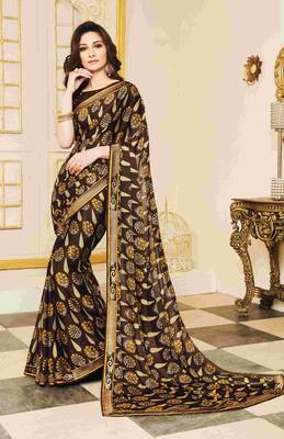 Brown printed georgette saree with blouse 1