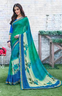 Blue printed georgette saree with blouse 1