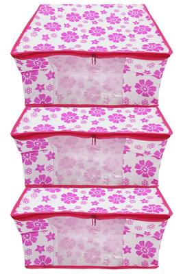 Shree Shyam Products Flower Printed Non Woven Box Saree Cover, Storage Cover,Pink 3 Pcs Set 1