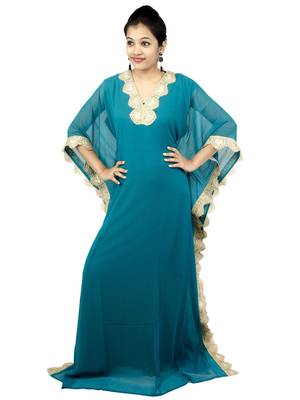 Turquoise embroidered georgette islamic kaftan 1