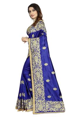 Navy blue embroidered art silk saree with blouse 2