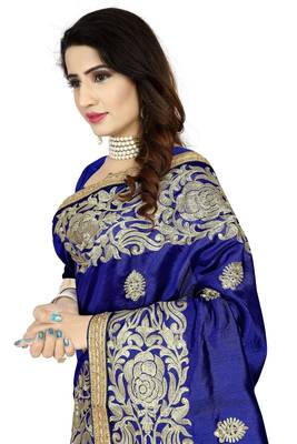 Navy blue embroidered art silk saree with blouse 4