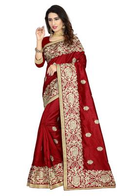 Red embroidered art silk saree with blouse 1