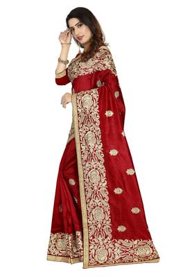 Red embroidered art silk saree with blouse 2