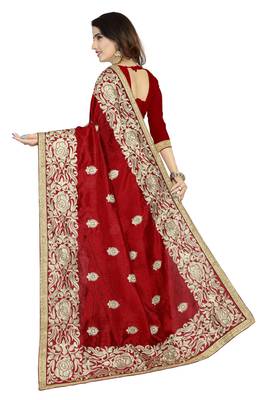 Red embroidered art silk saree with blouse 3