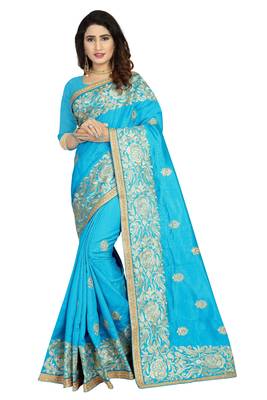 Blue embroidered art silk saree with blouse 1