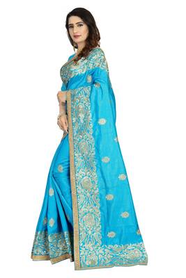 Blue embroidered art silk saree with blouse 2