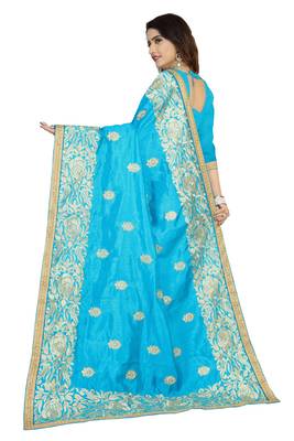 Blue embroidered art silk saree with blouse 3