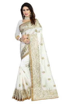White embroidered art silk saree with blouse 1