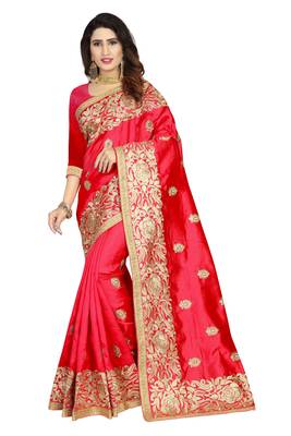 Red embroidered art silk saree with blouse 1