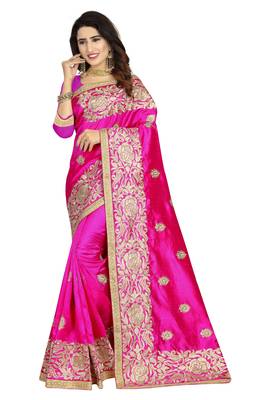 Pink embroidered art silk saree with blouse 1