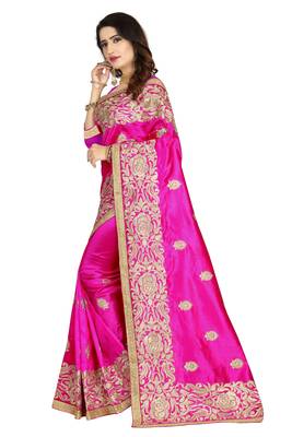 Pink embroidered art silk saree with blouse 2